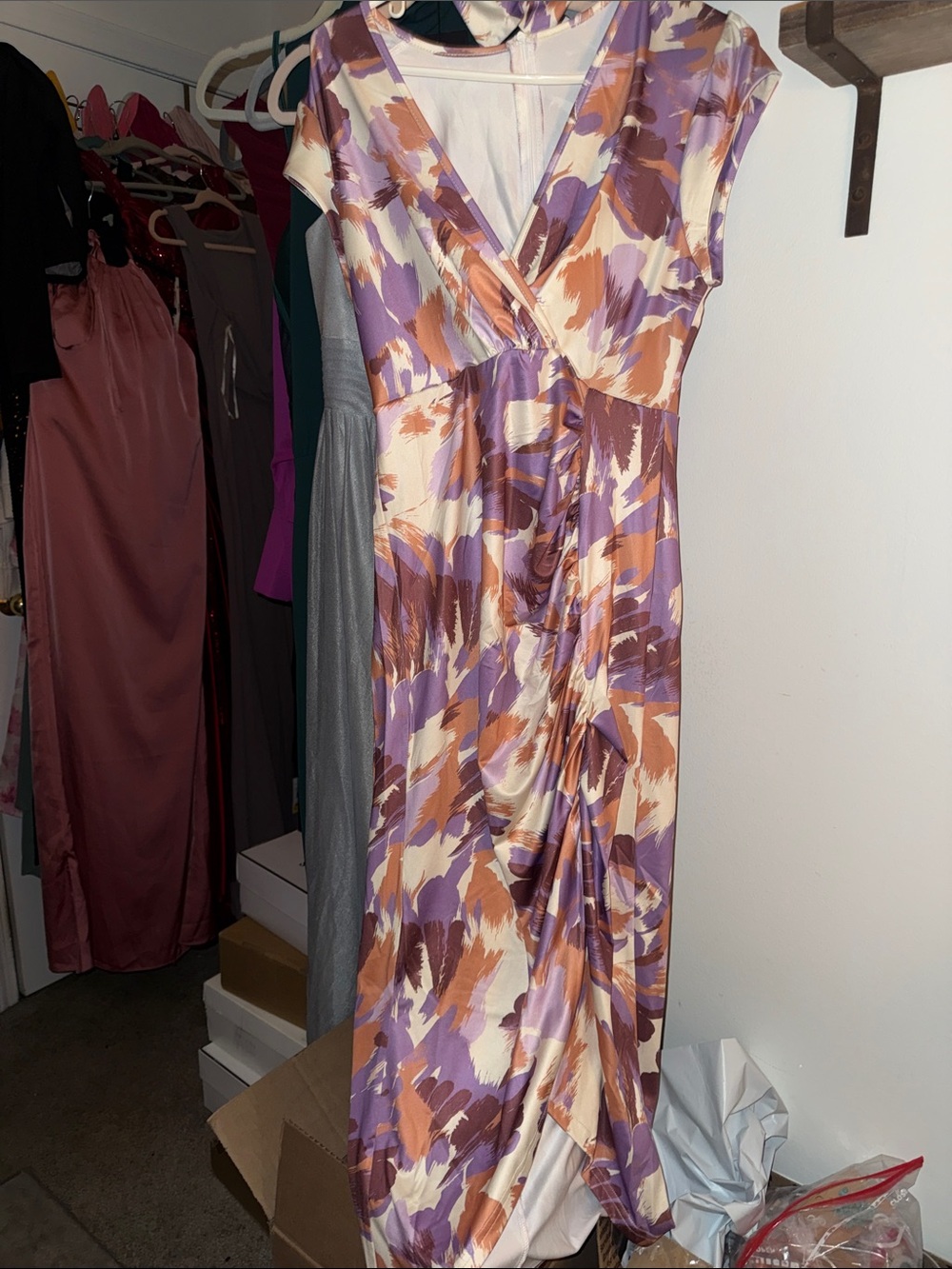 Source Unknown V-Neck Midi Dress in Lavender, Peach and Cream Brushstroke